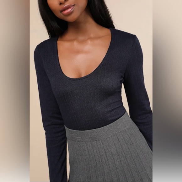 Lulus Navy Pointelle Scoop Neck Long Sleeve Top. Size Medium. - Picture 4 of 7